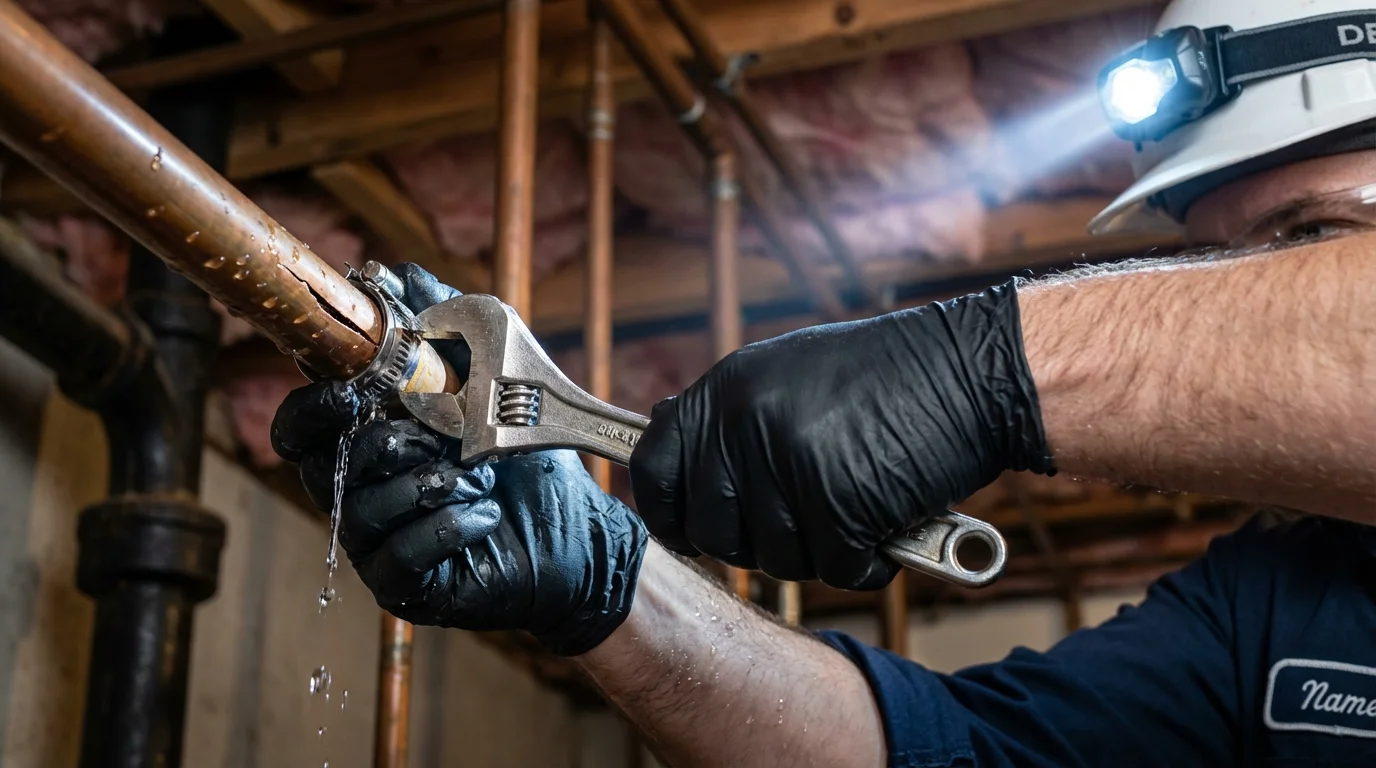 Emergency pipe clamp repair being performed by a Johns Plumbing LLC plumber in Cresson