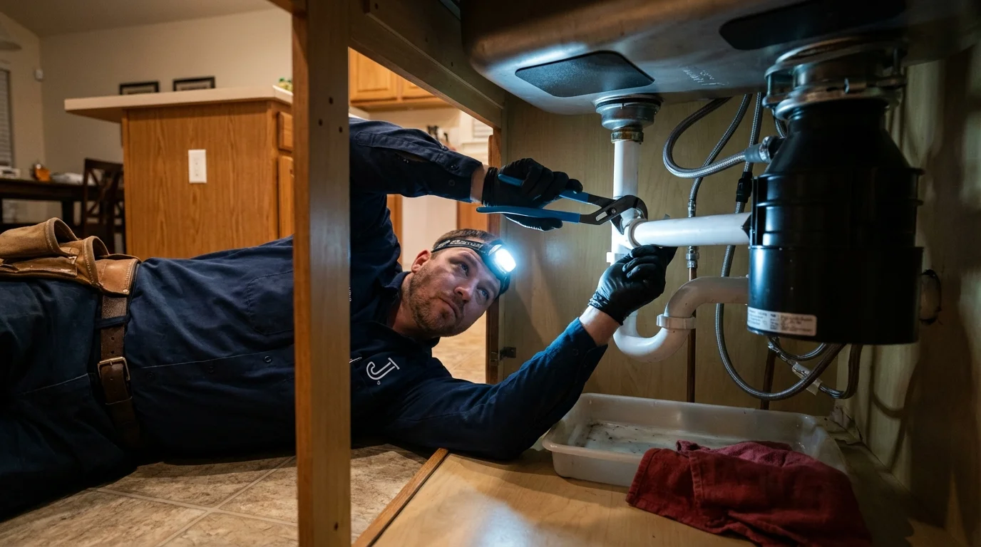 P-trap and supply line connections under a kitchen sink showing a common leak point in Cresson, PA